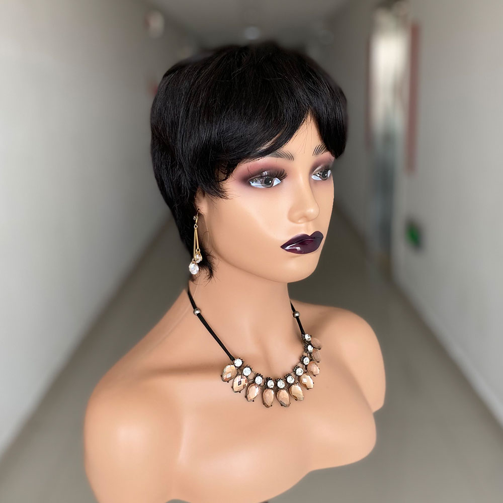Peruca curta de corte pixie, cabelo humano pronto para usar, cabelo humano brasileiro para mulheres, cor preta, máquina completa, perucas curtas e retas
