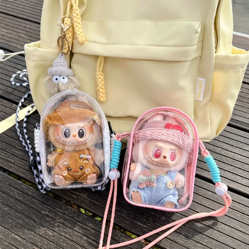 Für Labubu 15-17 cm V2 Sitzen Party PVC Transparent Display Tasche Schutz Fall Puppe Outfit Lagerung Zubehör