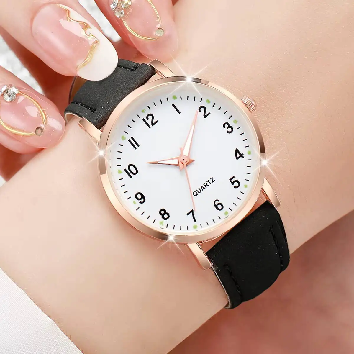 Relógio de quartzo árabe feminino, pulseira de couro, analógico, casual, sem caixa, simples, 3 peças
