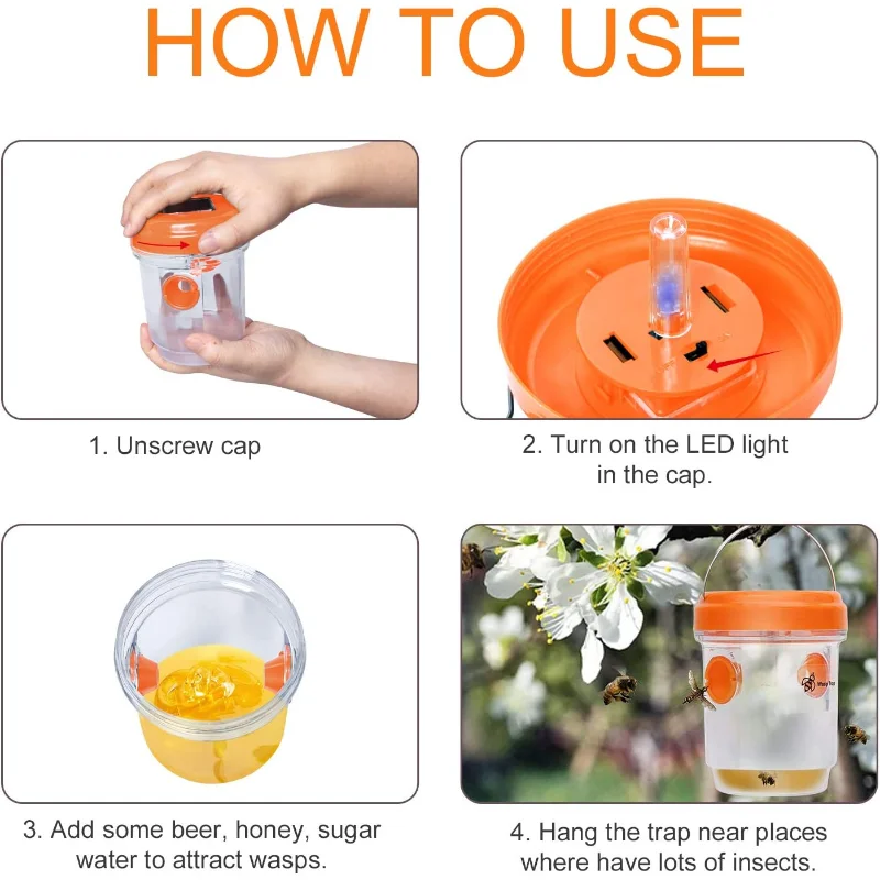 Trappole solari per vespe sospese, trappola gialla con luce LED UV, raccoglitore trappola per api riutilizzabile per craleti, assassino di insetti volanti