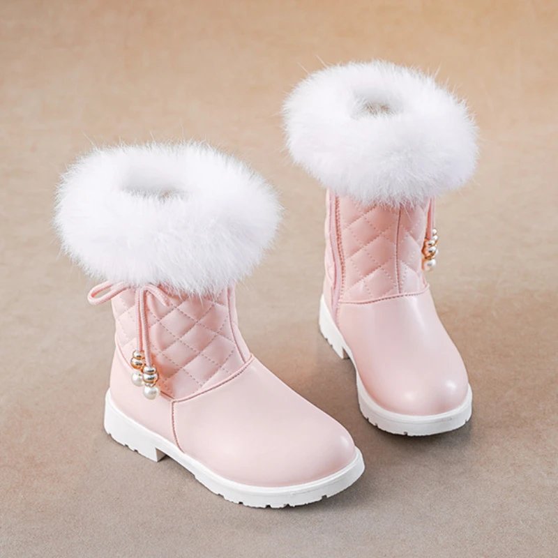 Botas de invierno para niña, botas de tubo largas versátiles a la moda, botas de algodón informales cómodas, zapatos cálidos de princesa para niña, botas de nieve simples de terciopelo