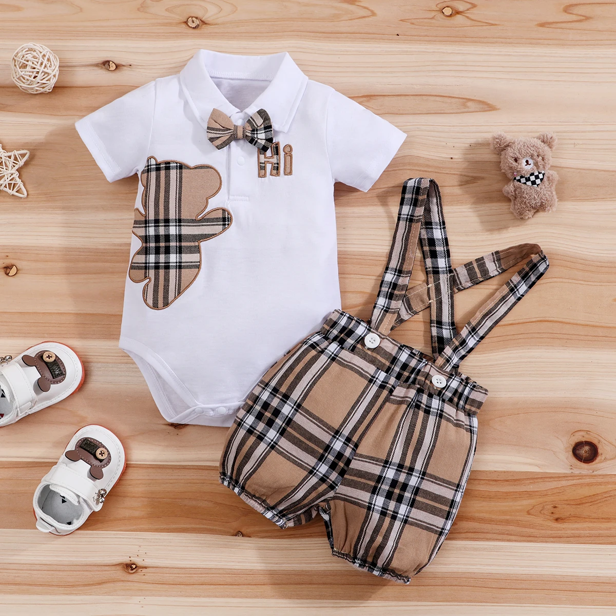 IURNXB-Conjuntos de ropa para bebé, mono de oso a cuadros de manga corta y pantalones con tirantes, trajes generales para recién nacido de 1 a 18M, 2 uds.