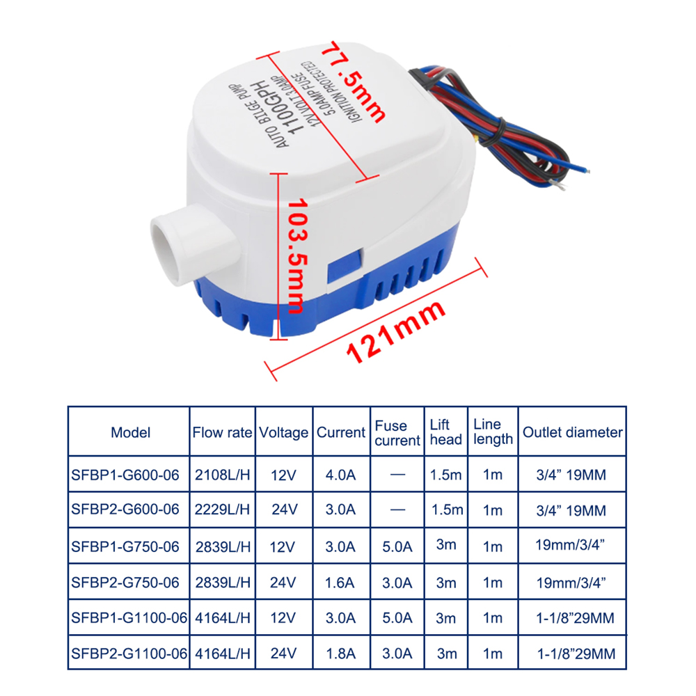 Bomba de esgoto submersível automática para barco, 12v volts, dc, elétrica, bomba de água marinha, pequena, automática, 600gph, 750gph, 1100gph, com interruptor