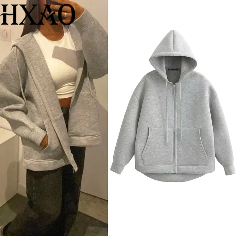 Hxao cinza outerwears feminino bombardeiro jaqueta do time do colégio casaco 2024 primavera outono senhoras moda casual manga longa jaquetas pretas