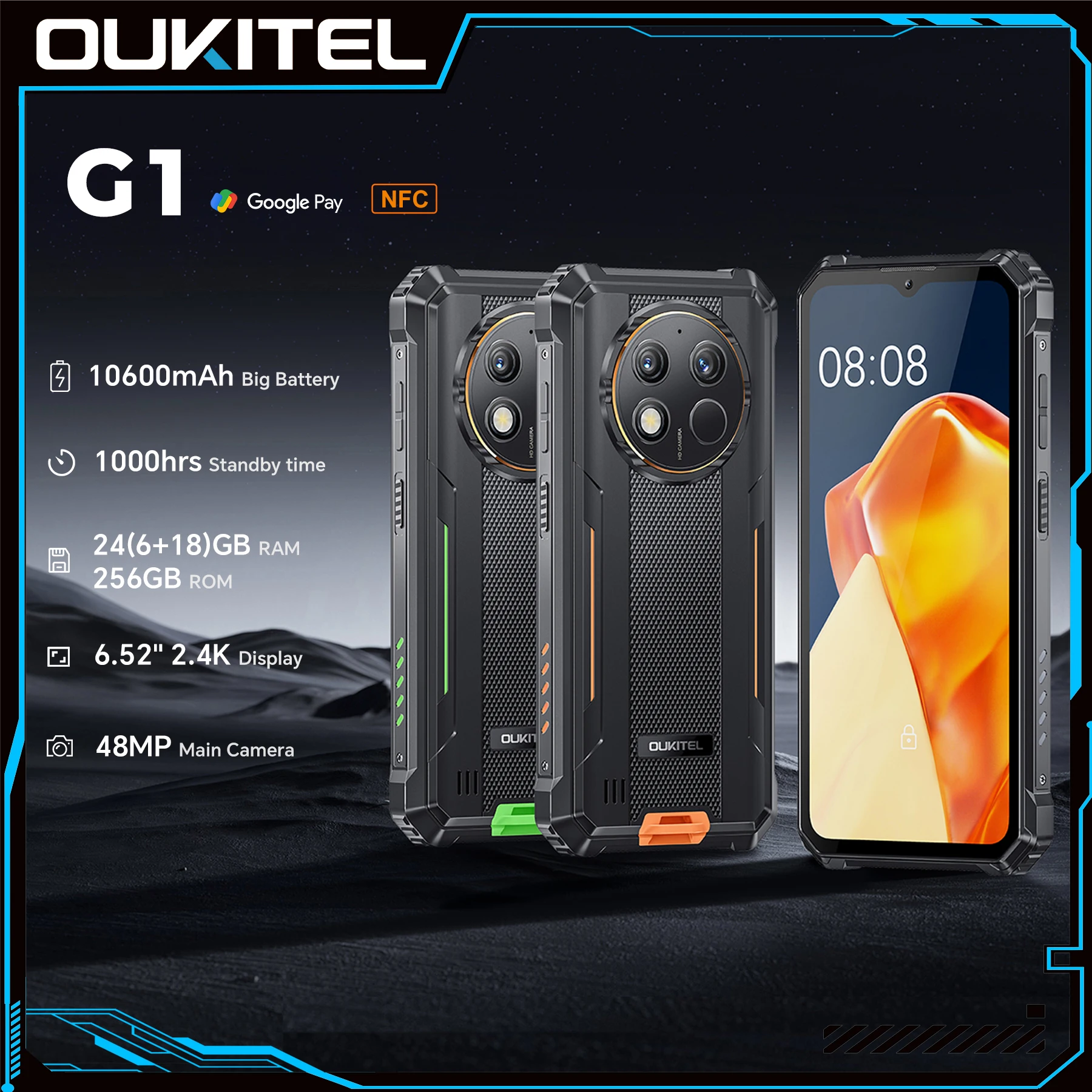 Teléfono resistente OUKITEL G1 - 10600 mAh, 24 (6+18) GB+256 GB, pantalla de 6,52", resistente al agua IP68, teléfono inteligente NFC, cámara Android 14,48 MP