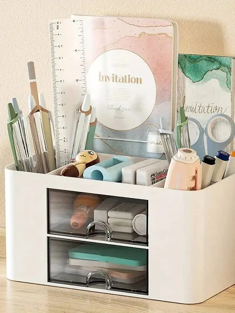 1PC ปากกา 2 ลิ้นชัก Multi-Functional ผู้ถือดินสอสําหรับผู้ถือโต๊ะกล่องเก็บสําหรับโต๊ะอุปกรณ์สํานักงานโต๊ะเครื่องแป้ง