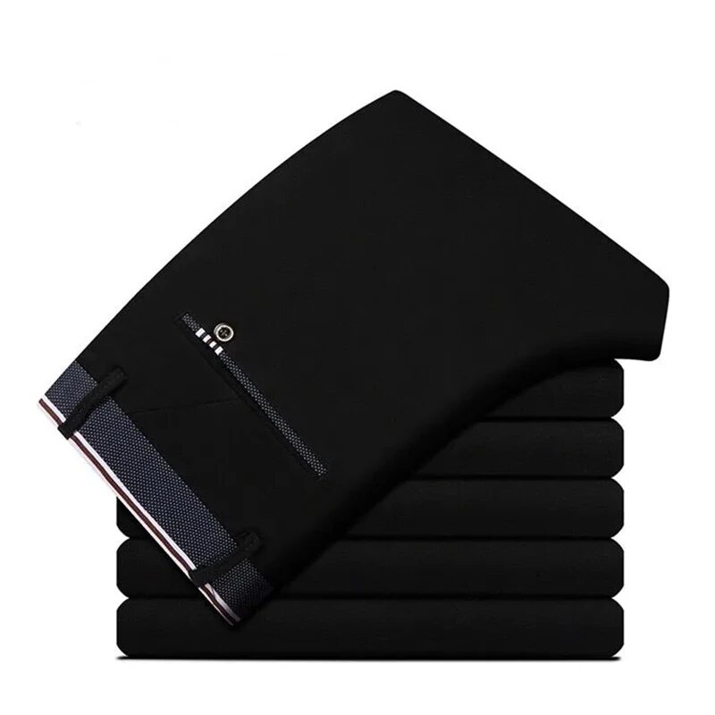 Calça reta elástica masculina negócios casual longo terno calças masculinas calças formais cores sólidas preto azul