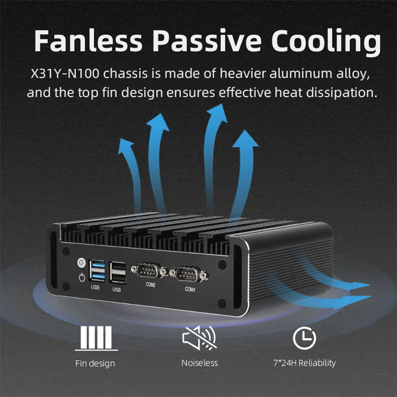 Mini PC Industrial sin ventilador Intel N100 2x Gigabit Ethernet 2x DB9-RS232 HDMI2.0 * 2 DP Triple pantalla WiFi compatible con Win10/11 Linux