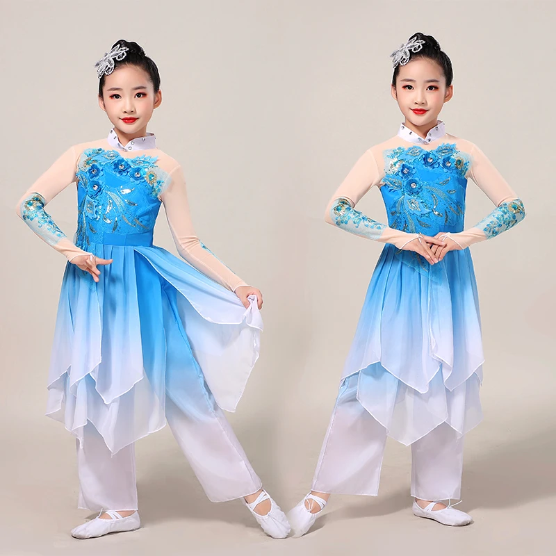 Stereoskopische Blumen-Kostüme für Mädchen, klassischer Tanz, chinesischer Volksjasmin, Yangko-Kostüme, Fächertanz, elegantes Pailletten-Tanzkostüm