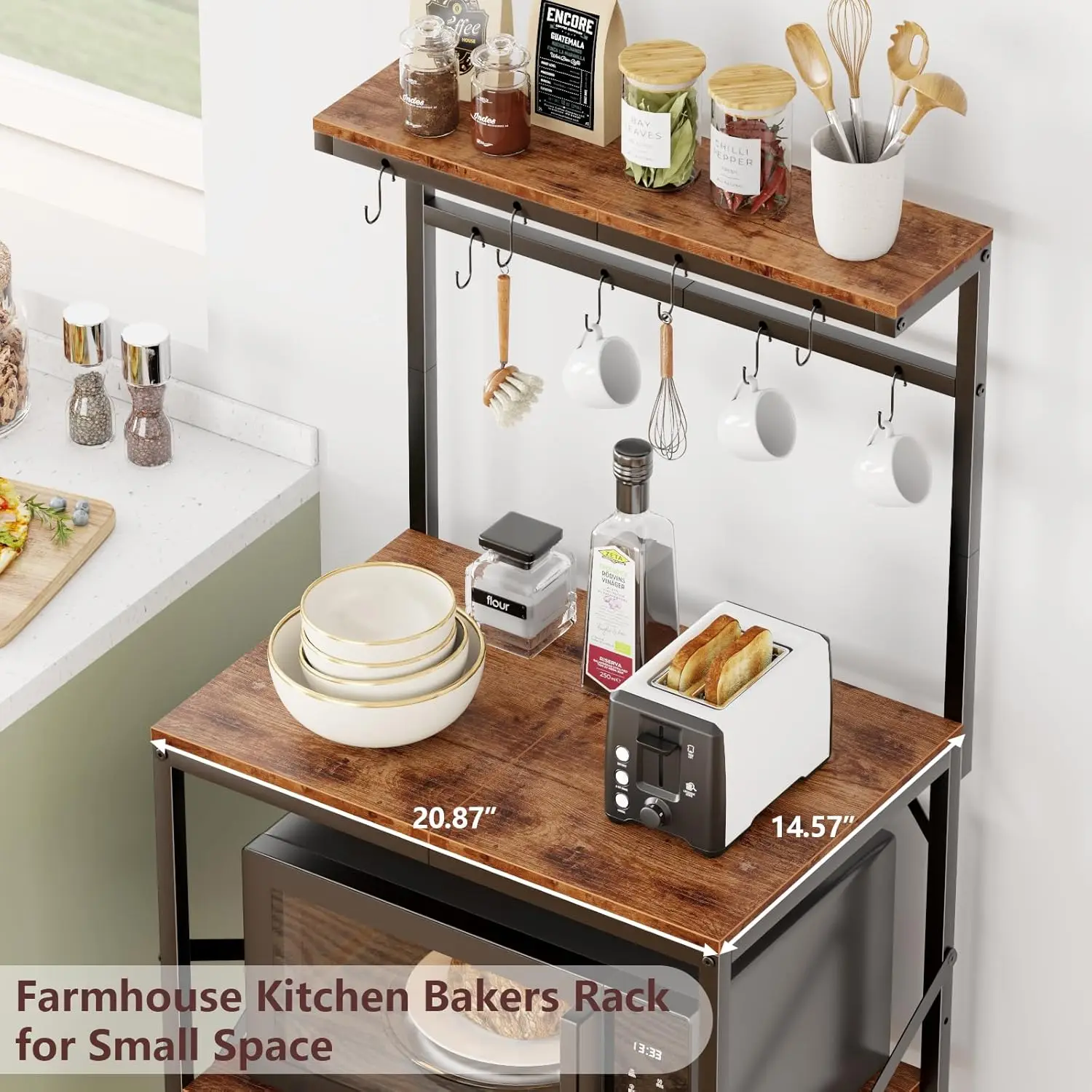 Kitchen Bakers Rack with Storage Shelves, Small Coffee Bar Table with 8 Hooks, 4 Tiers Microwave Stand Station