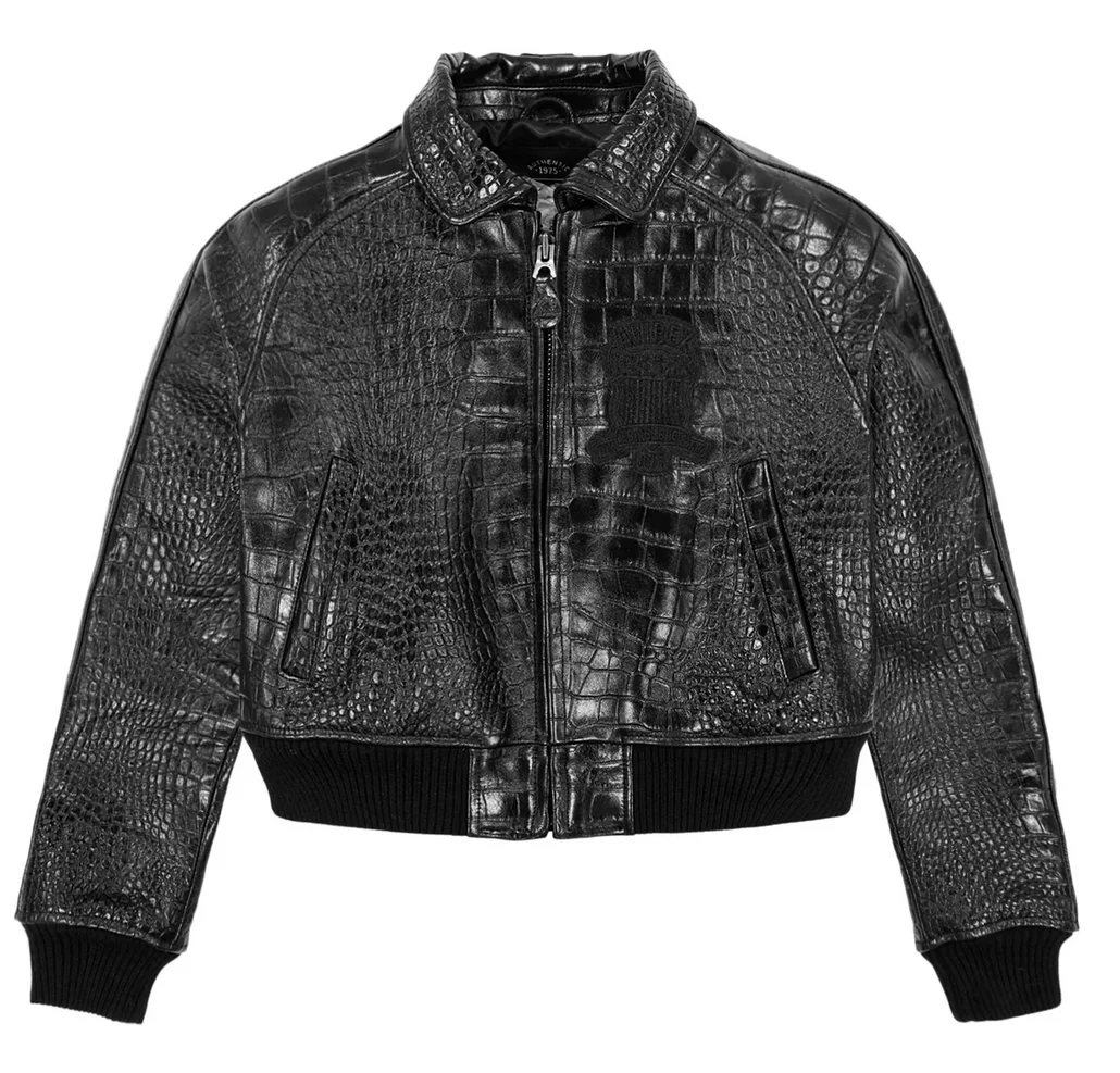 AVIREX LIMITED EDITION CROPPED CROC ICON JACKE Damenmode Lässige kurze europäische Lammfell-Manteltops mit geprägter Stickerei