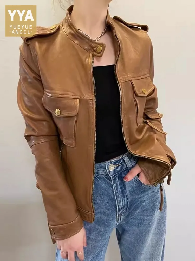 Frauen Gemüse gegerbt Schaffell Motorrad jacke Stehkragen Reiß verschluss taschen Echt lederjacke Herbst lässig Outwear Mantel