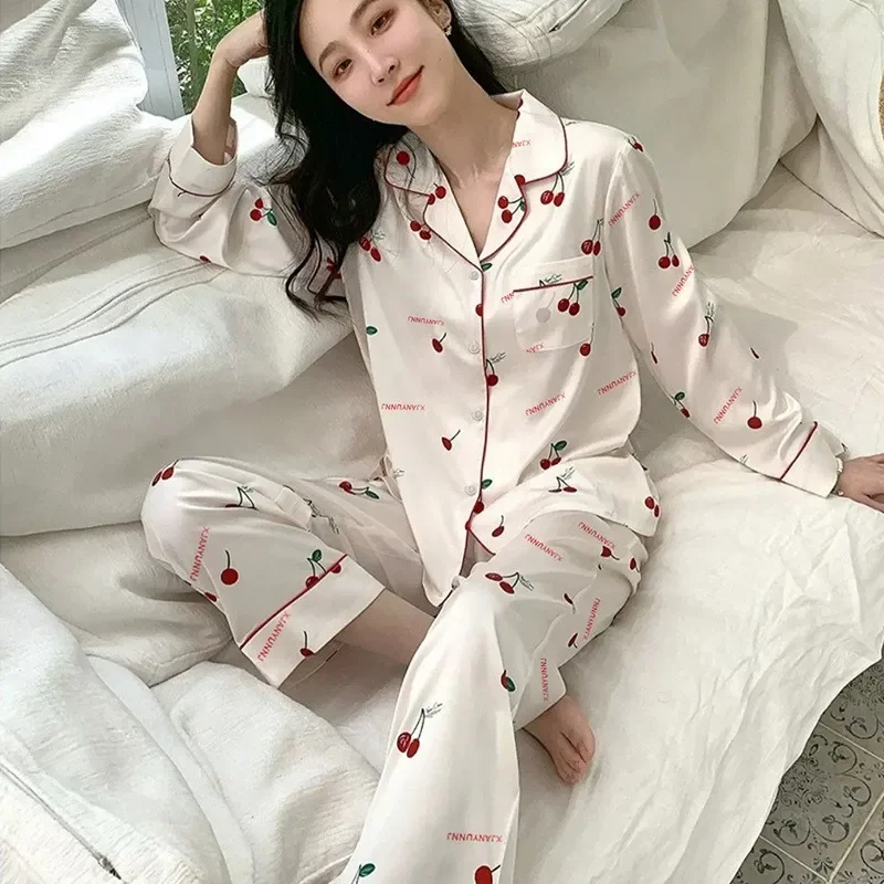Pijamas de seda gelo feminino manga longa renda premium sentido duas peças terno doce homewear amor azul senhoras pijamas loungewear