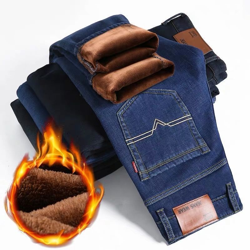 Jeans estilo coreano masculino, calças retas largas, tecido jeans escovado elegante, calça elástica grossa quente, inverno