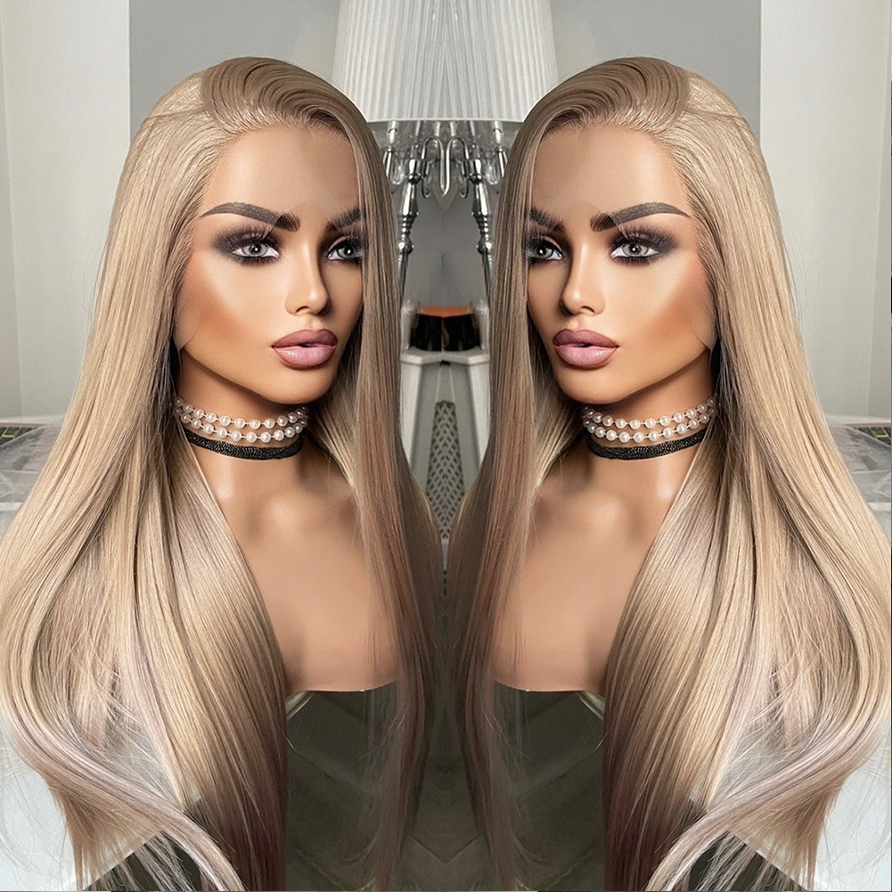 13 × 4 レースウィッグロングストレートヘア合成レースフロントウィッグ女性のためのアッシュブロンドかつら合成耐熱パーティーコスプレウィッグ