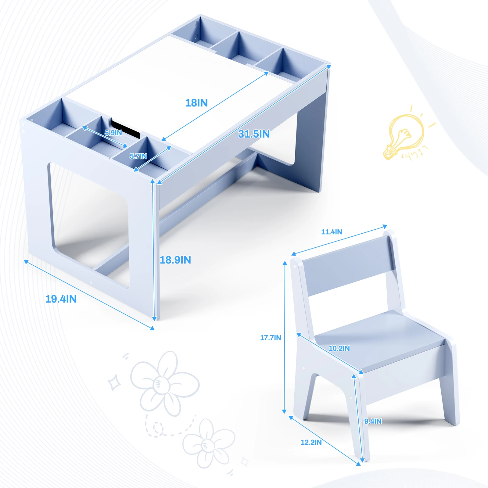 Set tavolo per bambini 3 in 1 in legno e 2 sedie con contenitore, tavolo da attività per bambini per ragazzi e ragazze