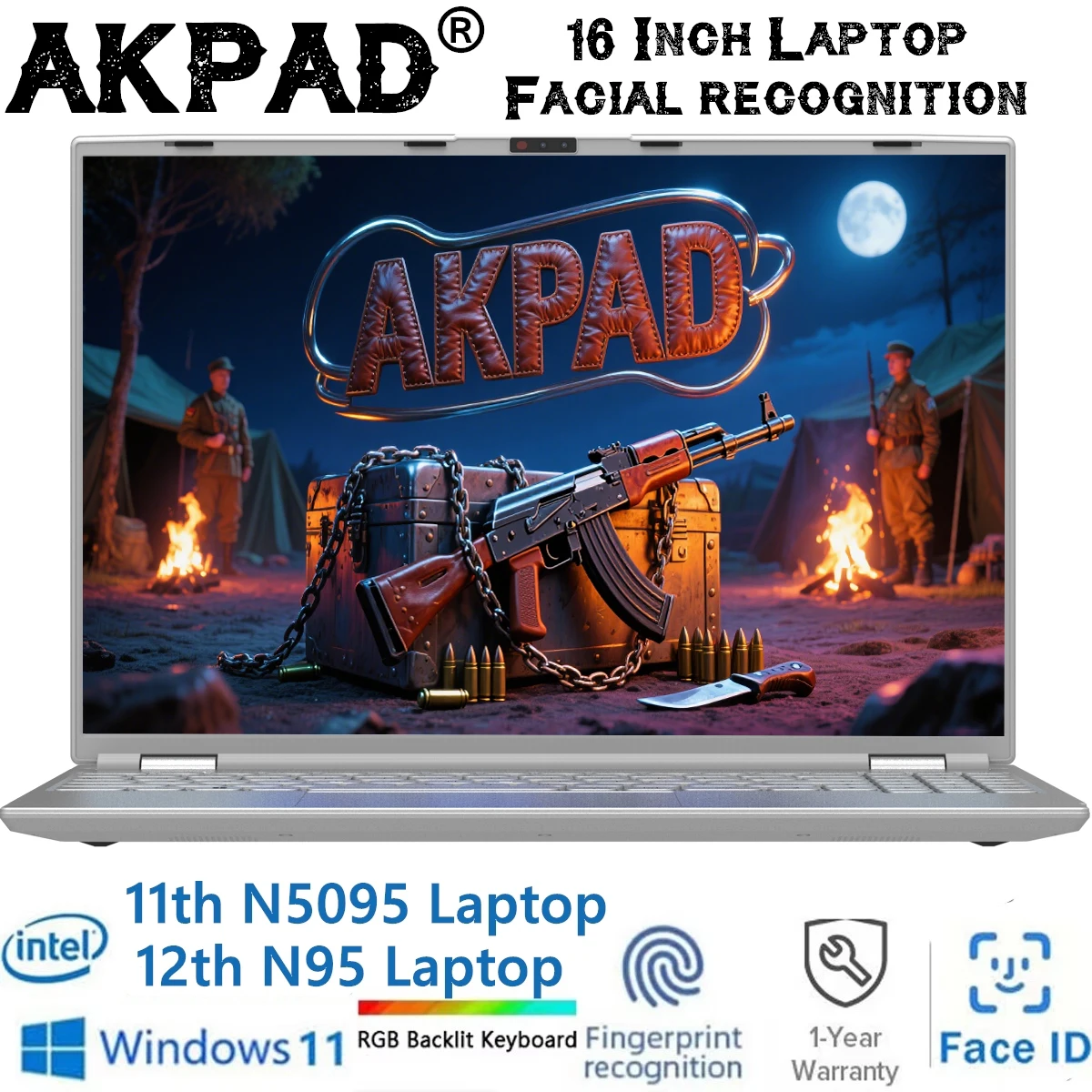 2025 AKPAD Face ID Intel Notebook N5095/N95 16,1 "portátil 16GB 32GB RAM Max 4TB ROM Windows 11 Wifi 5 BT RGB teclado