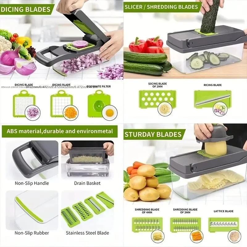 16 pçs/set picador de legumes cebola chopper lidar com grelha de alimentos chopper cozinha vegetal slicer corte batata triturador