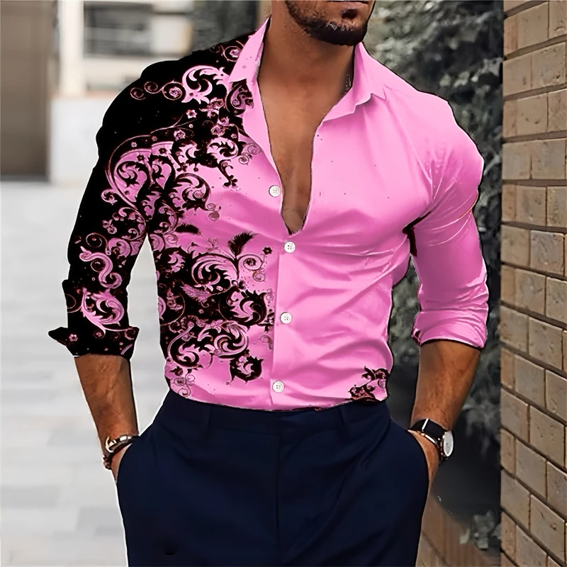 Camiseta de manga larga para hombre, traje de alta calidad con solapa y botones, color rosa y negro, talla grande