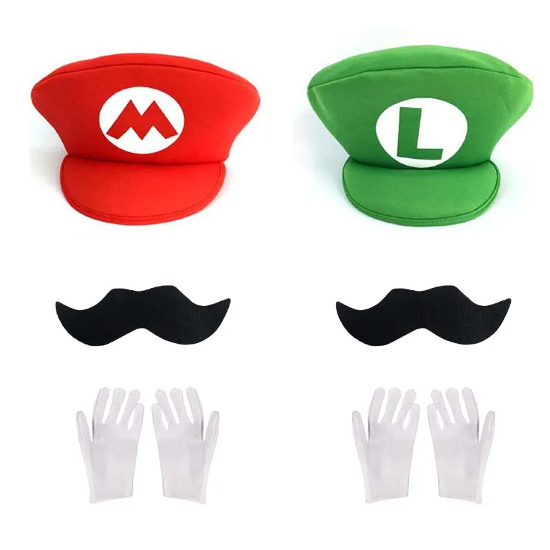 Czerwono-Zielony Zestaw Czapek Super Bros Mary Luigy Kaptury Wąsy Rękawiczki na Halloween Boże Narodzenie Cosplay Kostiumy Pasujące Akcesoria