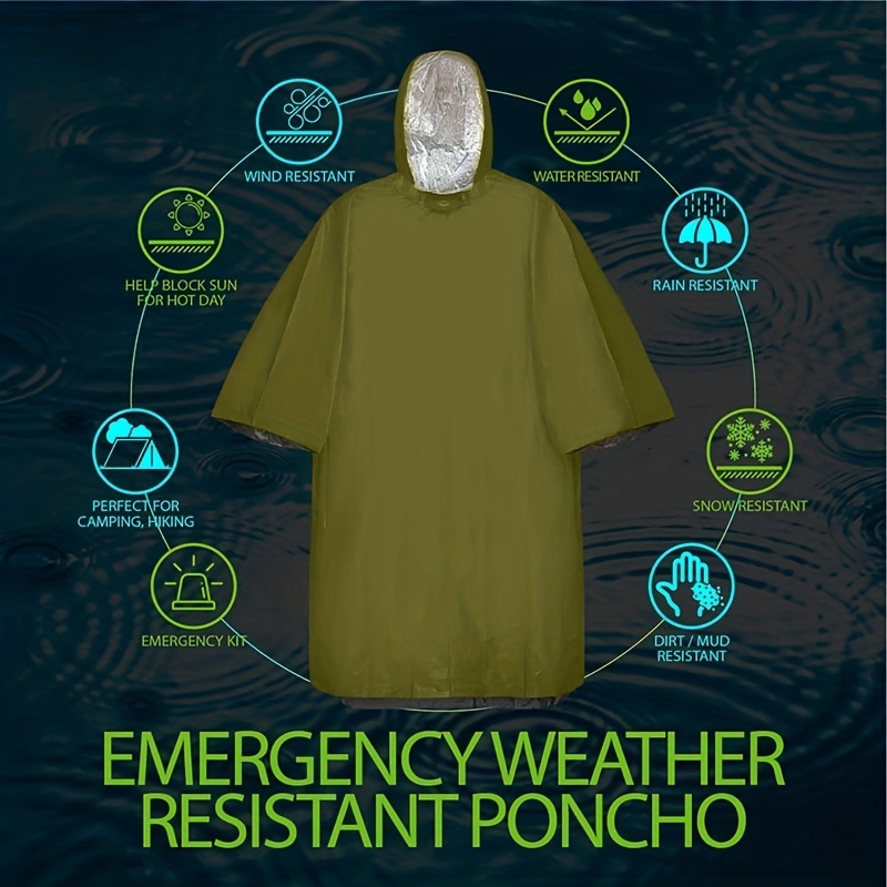 Poncho de chuva de emergência resistente com capuz, Cobertor térmico reutilizável para acampar e sobrevivência, Equipamento impermeável, Kits de emergência