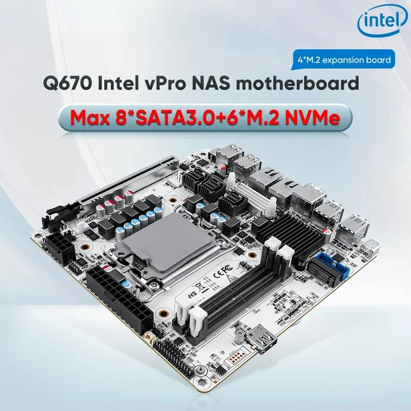 Материнская плата Q670 ITX NAS LGA1700, 8x SATA + 6x M.2 NVMe, PCIe 5.0 x16, Dual DDR5, 2x 2,5G LAN, брандмауэр/серверная плата Mini-ITX