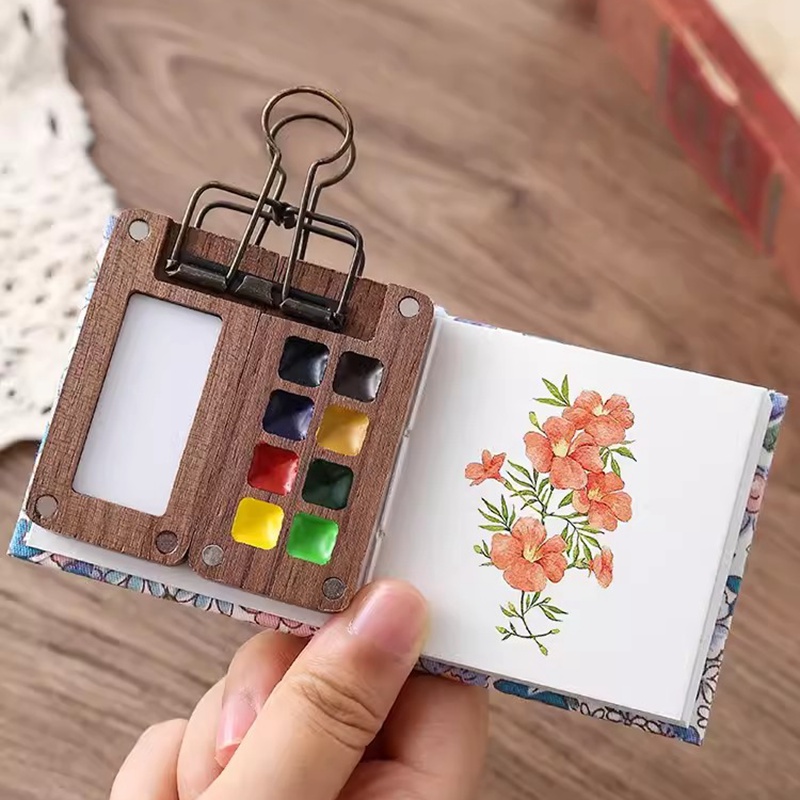 Mini paleta de pintura de acuarela de nogal para viaje, 8 rejillas, 0,5 ml, bandeja de paleta de pintura de madera vacía profesional, suministros de pintura artística