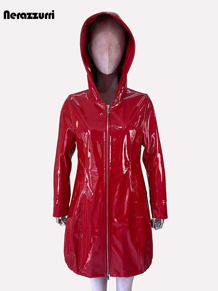 Nerazzurri Frühlingsjacke, wasserdicht, glänzend, reflektierend, schwarzes Lackleder, Damenjacke mit Kapuze, Reißverschluss, rote Herbstkleidung