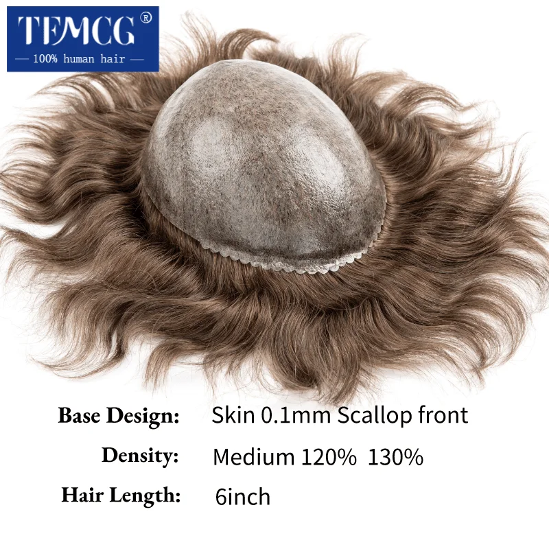 Toupee สําหรับชาย 100% ผมมนุษย์อินเดียวิกผมผู้ชายผู้ชาย Capillary Prothesis ผมชายวิกผมสบาย 0.1-0.12 มม. ผิววิกผม