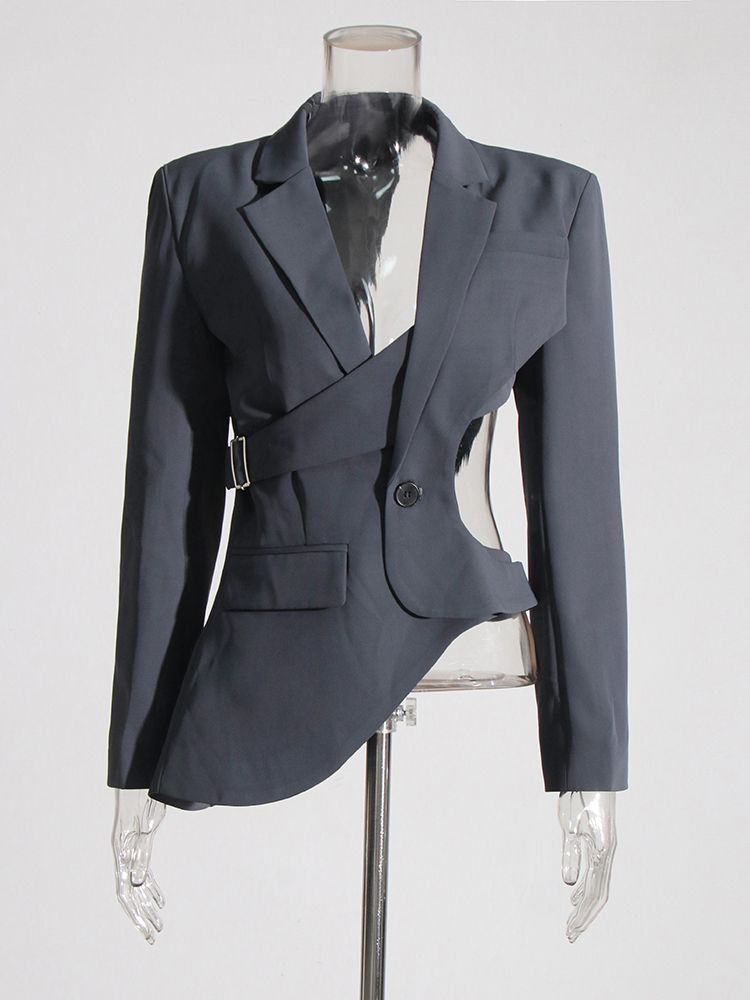 TWOTWINSTYLE solidna designerska marynarka z dziurami dla kobiet karbowany kołnierzyk z długim rękawem patchworkowy guzik eleganckie marynarki kobiece nowe