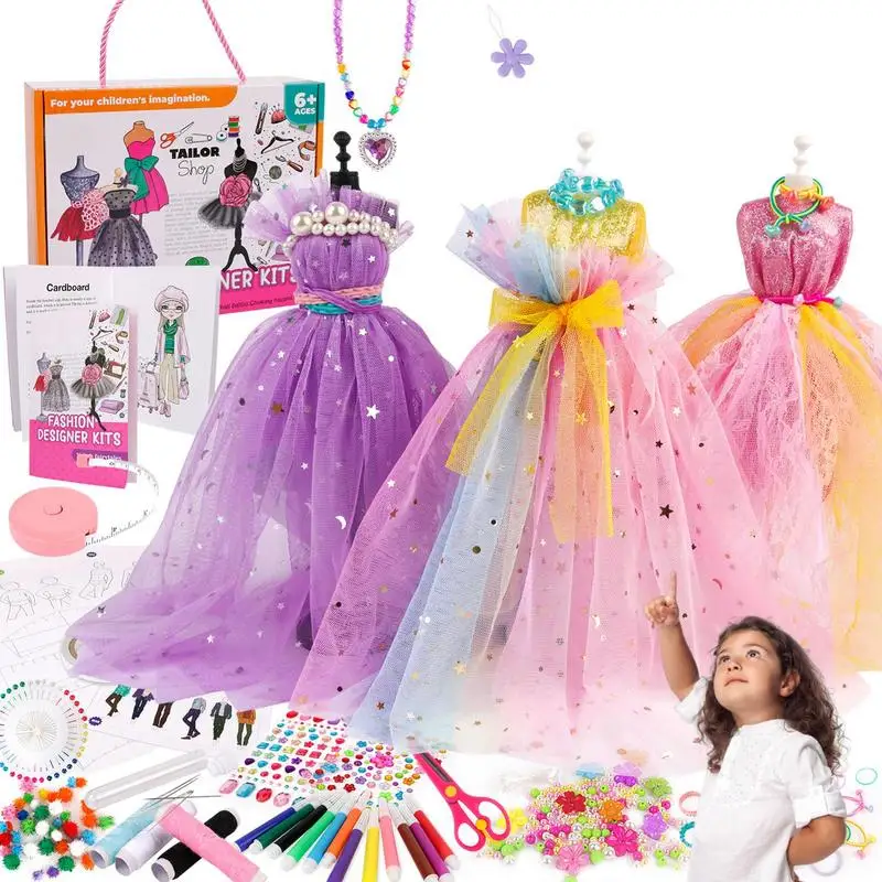 Kit de diseñador de vestidos para niñas, 309 Uds., manualidades DIY para niñas, soporte creativo de 2 maniquíes, Kit de diseñador de moda para hacer ropa de muñecas