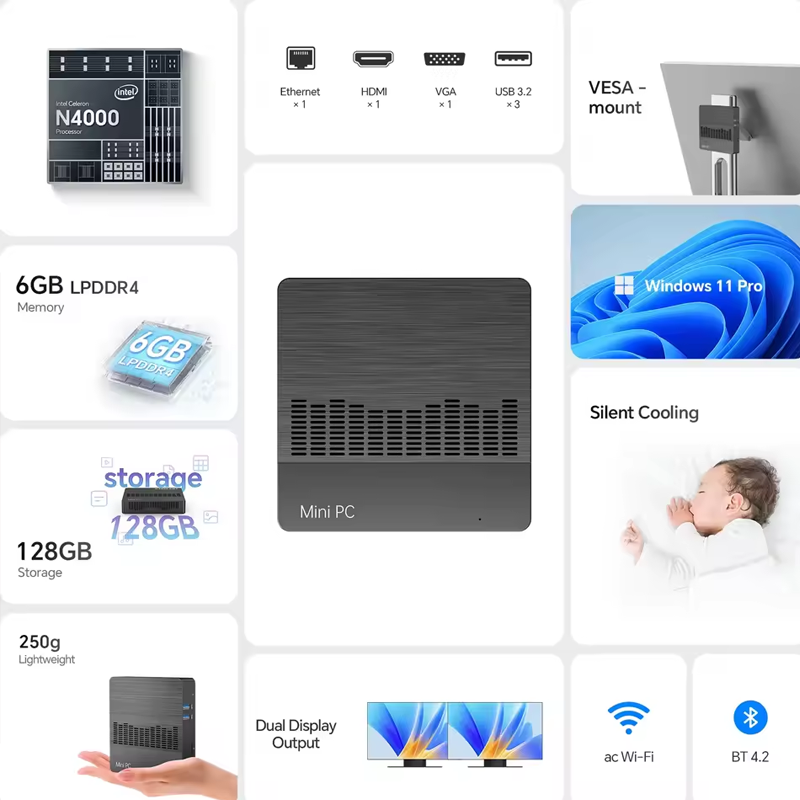 SOequilibre M2 Air Mini PC, injuste, 6 Go de RAM, 128 Go EMMC, Intel N4000, Windows 11 Pro-Compact, idéal pour la maison, les affaires et les jeux