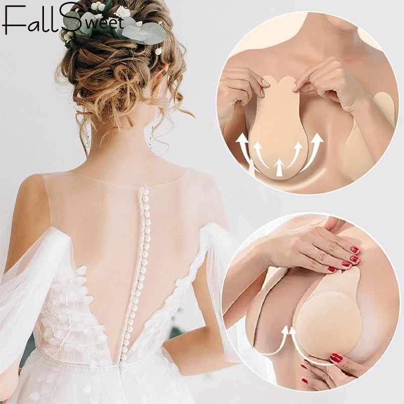 FallSweet 1 Para Damskich Niewidocznych Biustonoszy Samoprzylepnych Króliczek Nakładki na Sutki Wielokrotnego Użytku Lepki Biustonosz Samoprzylepny Silikonowy Push Up Bralet