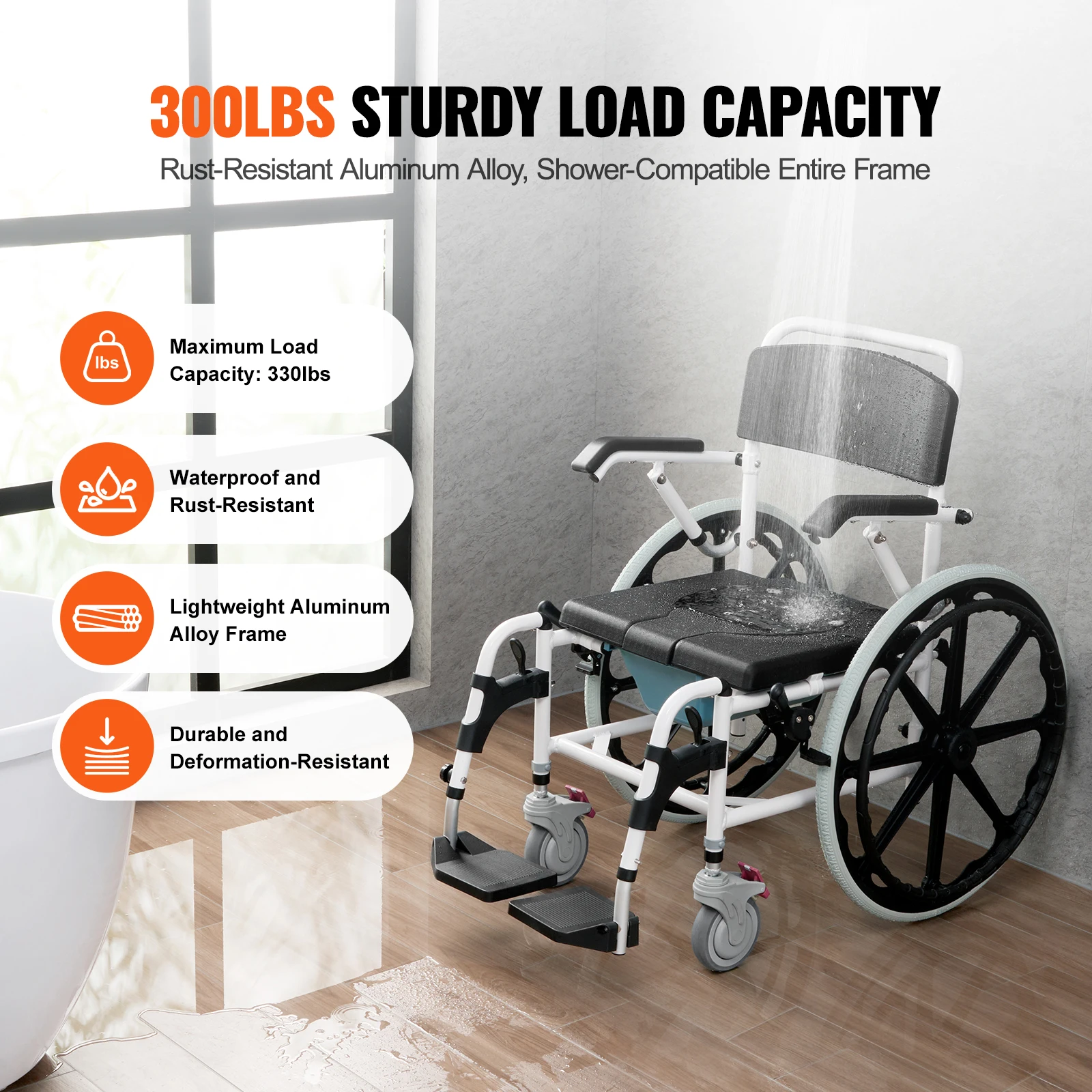 SucceBuy Duschrollstuhl, 17,5 Zoll, Badezimmer-Rollstuhl für Innendusche, verstellbarer rollender Duschstuhl für behinderte Erwachsene