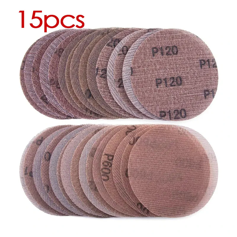15pcs 5 นิ้ว 125 มม.แผ่นขัดตาข่าย Hook & LOOP Abrasive ฝุ่นฟรีตารางขัดกระดาษ Anti-Blocking บดกระดาษทรายสําหรับรถยนต์