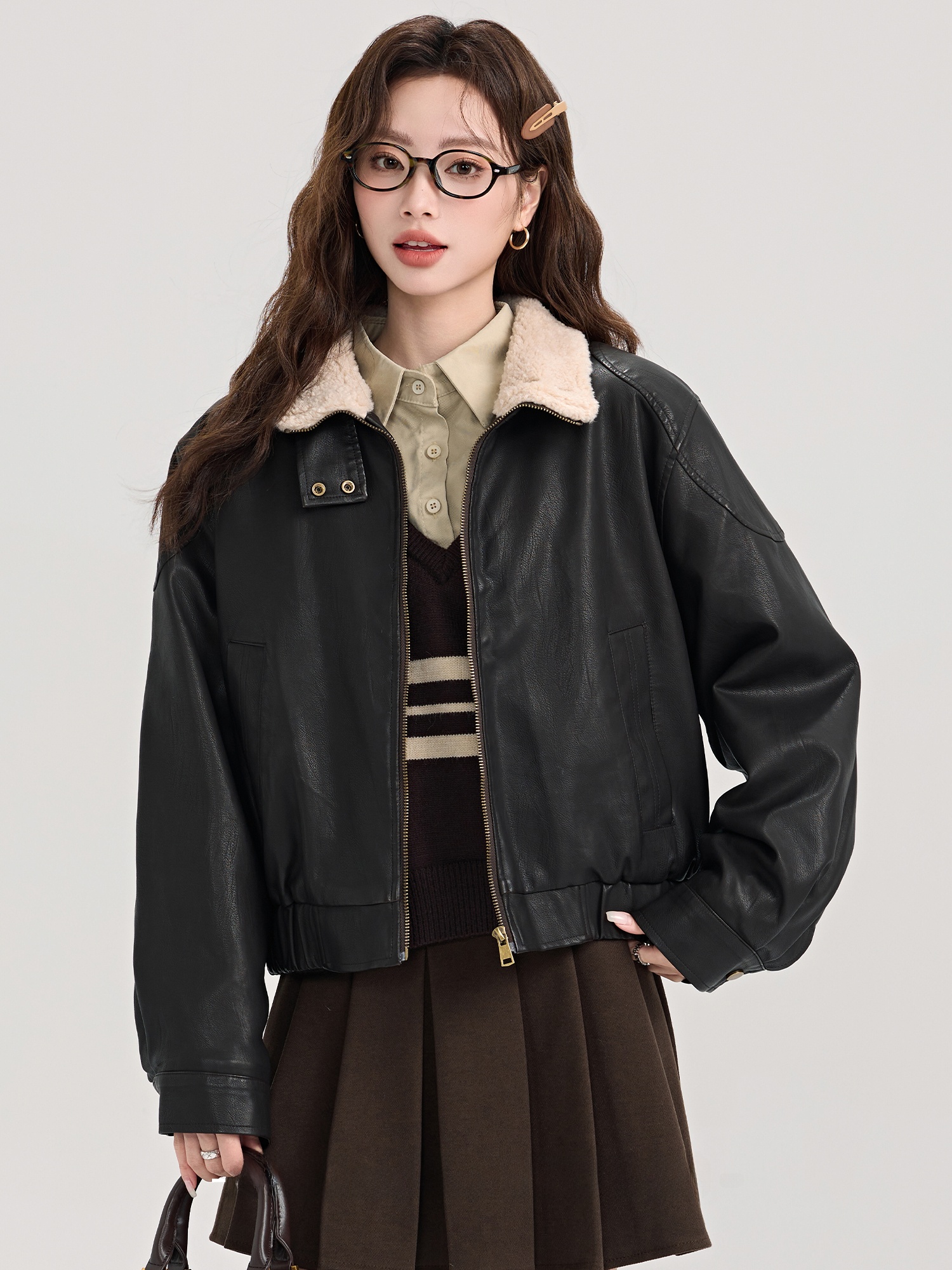 American Sle Short Leather Jacket Women's Biker Clothes Fur And Leather Integrated Autumn Winter High Sensation Miniature M...