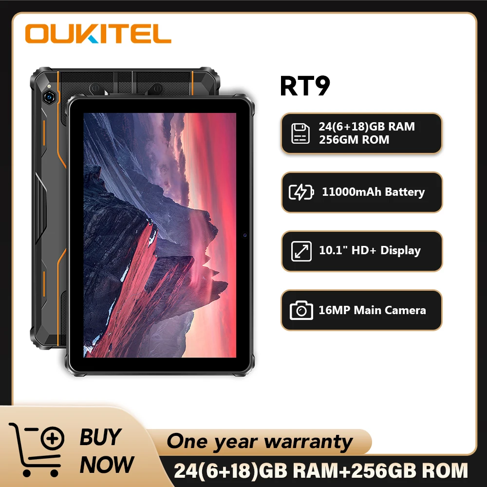 Прочный планшет Oukitel RT9, прочный планшет, 10,1-дюймовый HD-дисплей, 24 ГБ ОЗУ, 256 ГБ, водонепроницаемый планшет, аккумулятор 11000 мАч, Android 14,0, планшетный ПК