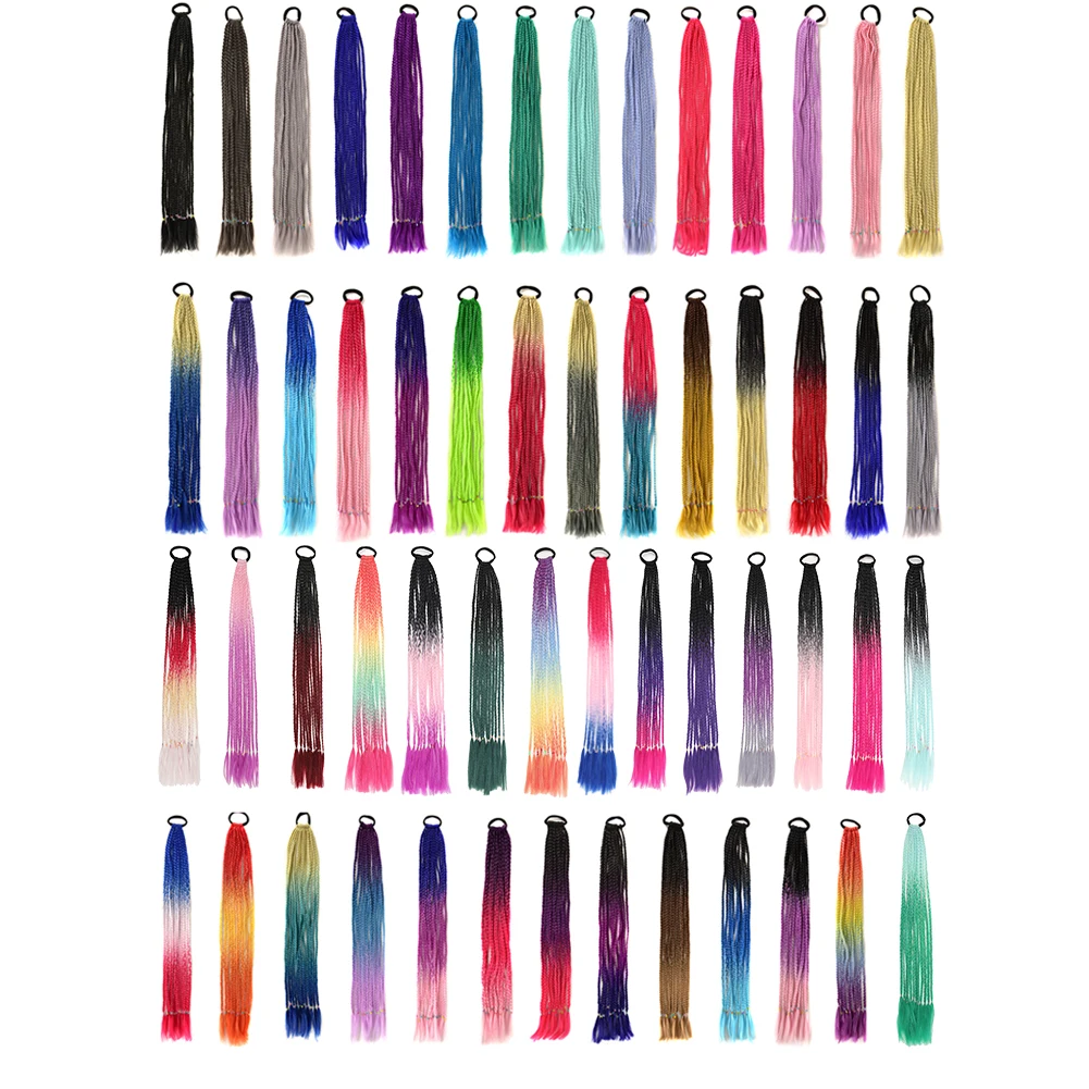 Extensão de cabelo sintético trançado colorido para mulheres, tranças coloridas do arco-íris, rabo de pônei com elástico para meninas, 24 polegadas