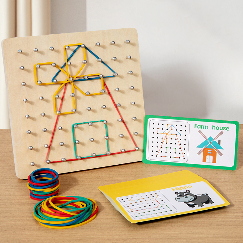 Hölzernes Geometrie-Puzzle, Nagelbrett, Grafiken, geometrisch, kreativ, Mathematik, Montessori-Spielzeug für die frühe Bildung von Kindern