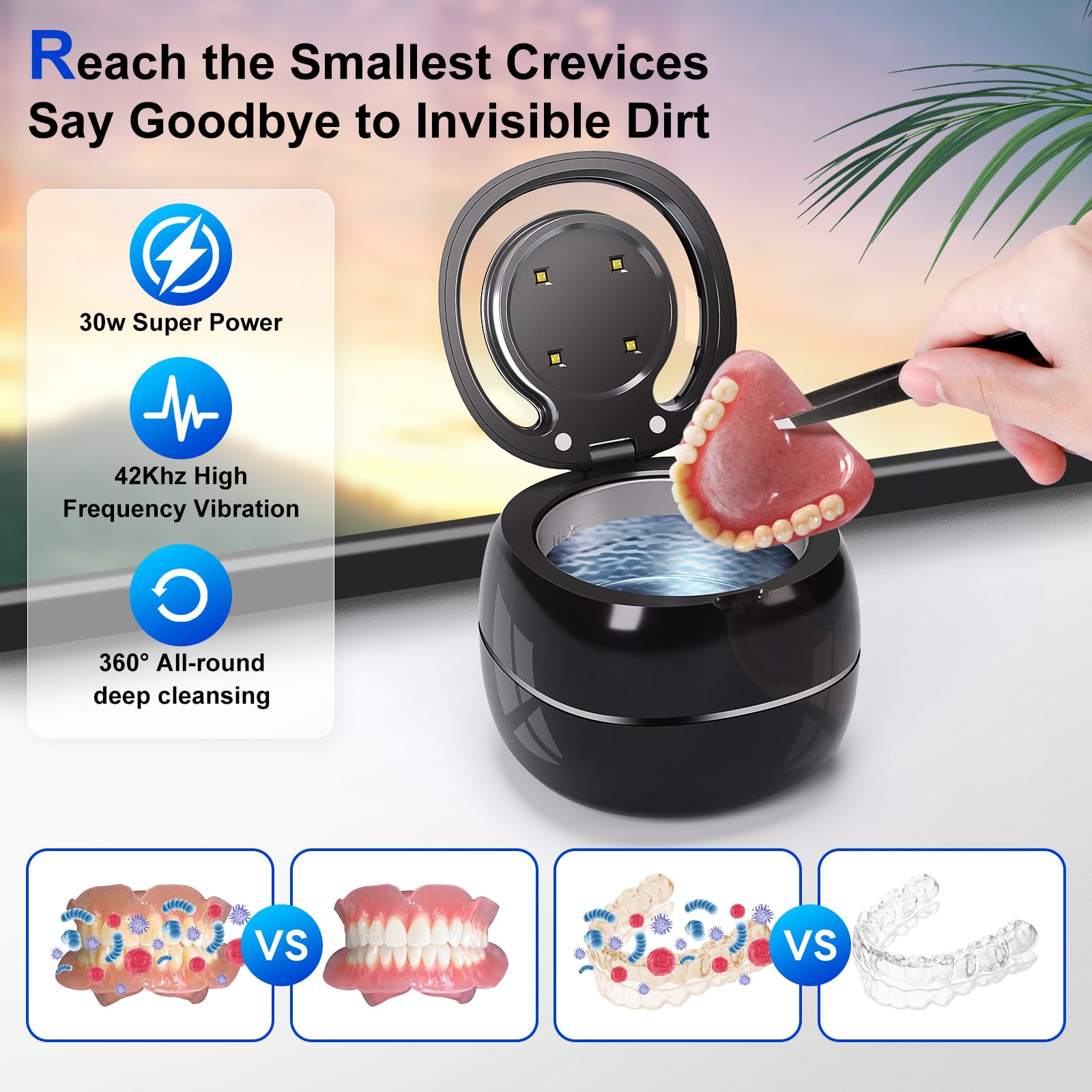 HOMEFISH Cleaner For Retainers Dentures Jewelry Cleaning Machine Mini Portable UV Ultrasonic False Teeth Retainer Cleaner