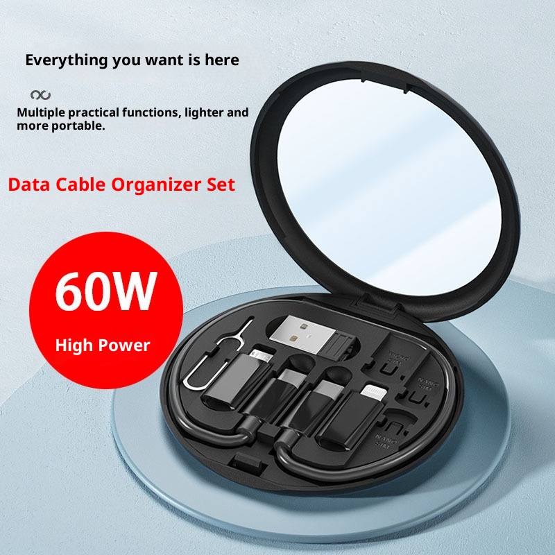 60W Multi 4-in-1 Fast Charging Data Cable Type-C USB-C Micro USB Lightning Charger Cord with Storage Box and Phone Holder