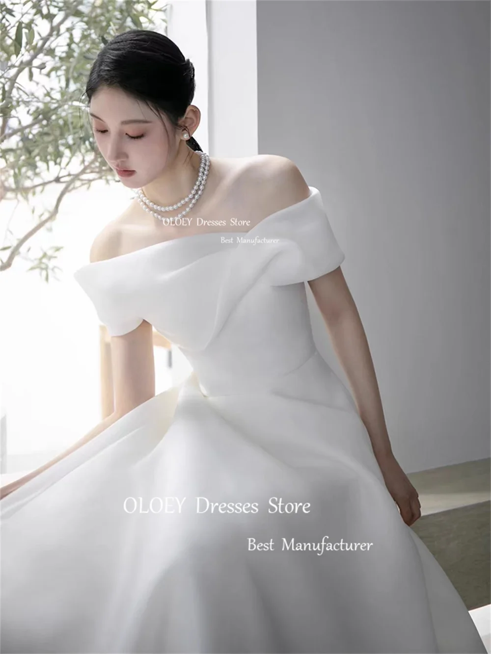 OLOEY 아이보리 오프 숄더 A 라인 웨딩 원피스, 한국 사진 촬영 맞춤형 반팔, 바닥 길이 신부 가운, 실키 오간자