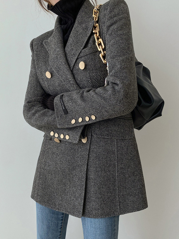 Spring Autumn 2025 New Sle Woolen Coat Slim Fit Middle Length Tweed Buttoned Women's Suit Jacket Fashionable Elegant