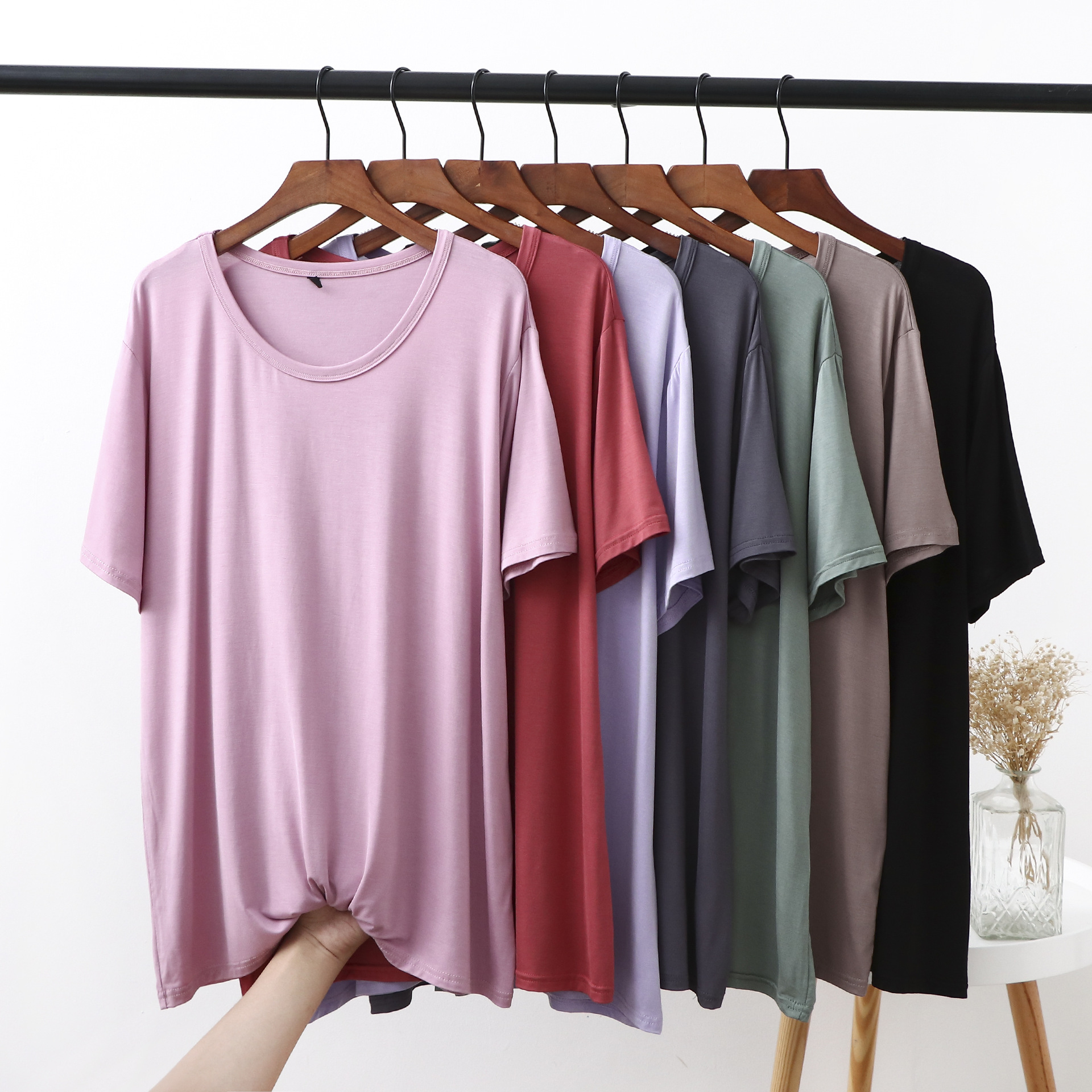 Camiseta de talla grande XL a 6XL para mujer, ropa de verano de manga corta, color sólido, cuello redondo, holgada, informal