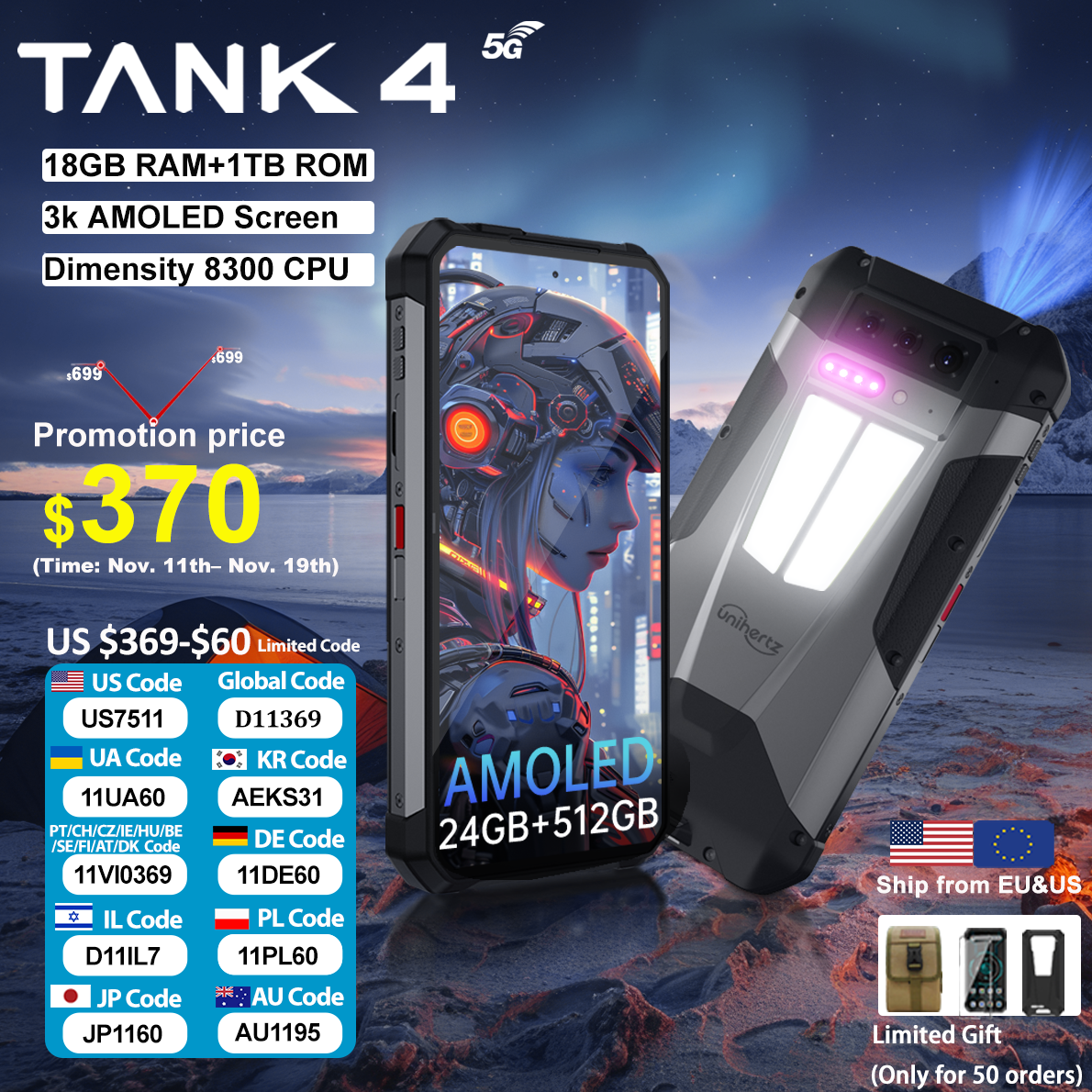 Estreno mundial】Unihertz de 8849 Tank 4 Smartphone Proyector 720P incorporado Teléfono 5G 24+512GB 11600mAh Dimensidad 7300 AMOLED 120H