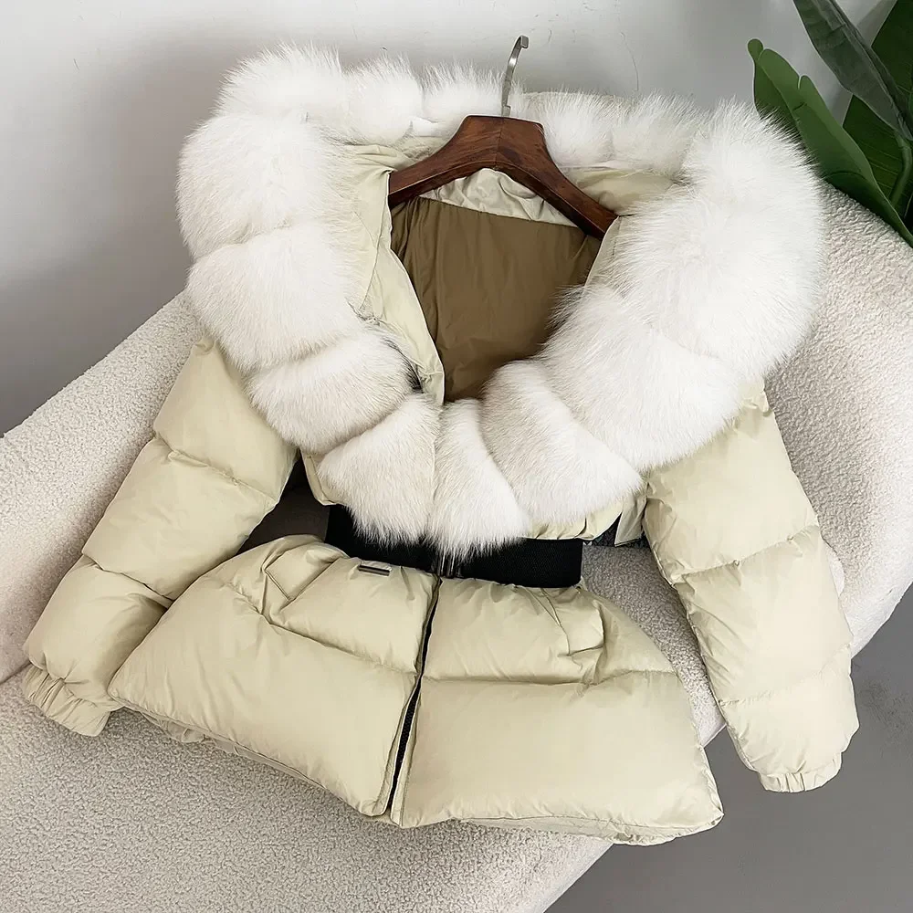 ファッション 2024 冬のジャケットの女性リアルナチュラルキツネの毛皮の襟フード付き厚く暖かい 90% ホワイトダックダウンコート女性ストリートカジュアル
