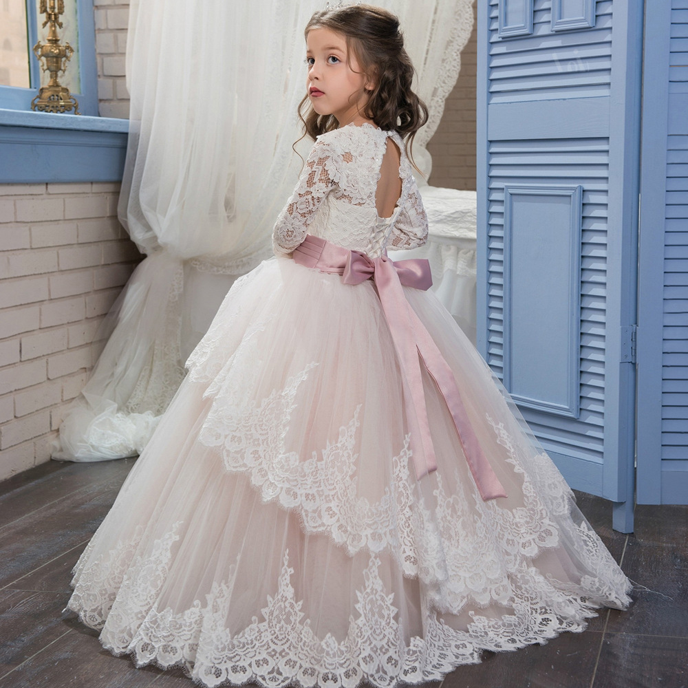Süße Spitze Blumenmädchenkleider mit langen Ärmeln O-Ausschnitt formelles Kleid für kleine Mädchen Hochzeitsgastkleid Geburtstagsparty-Kleider
