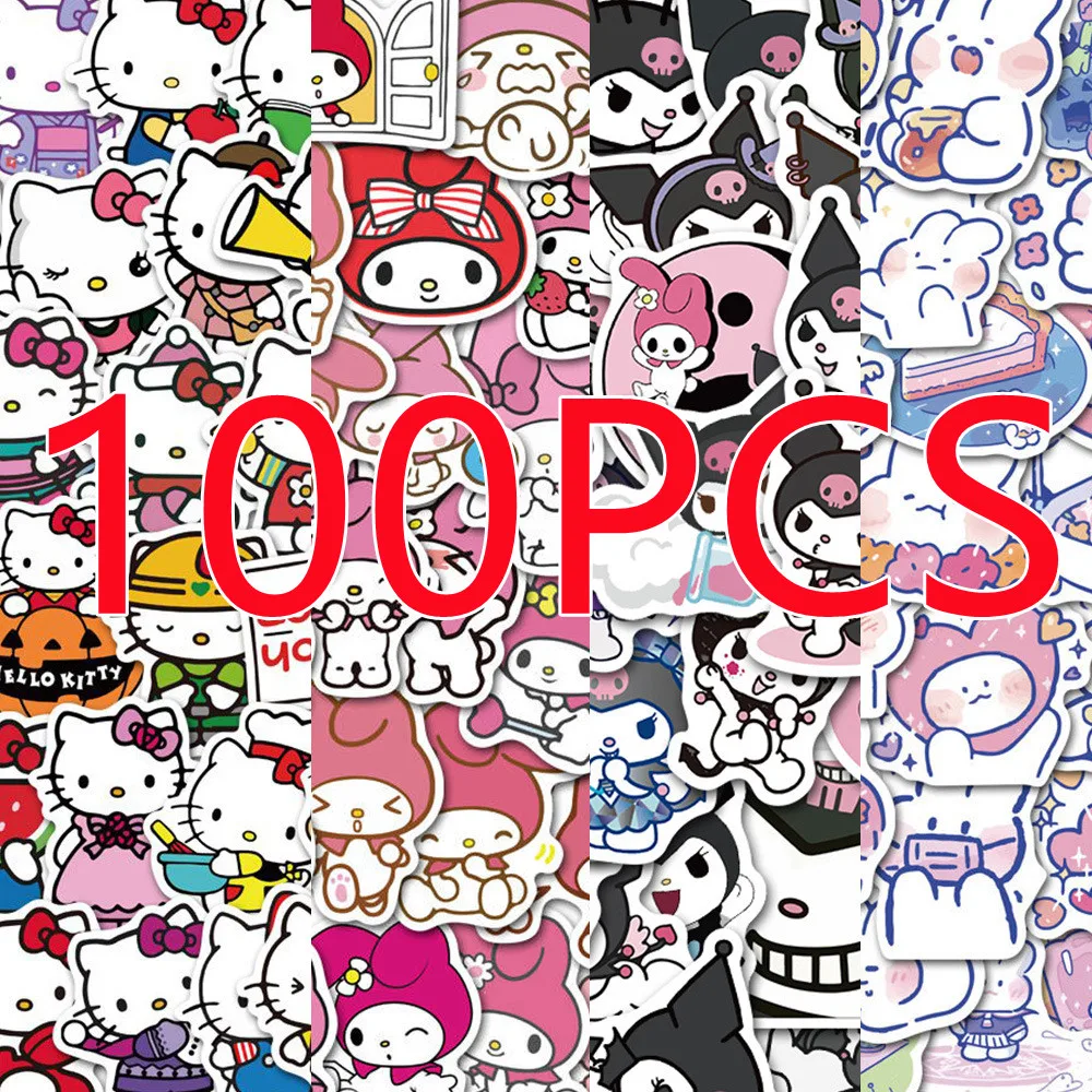 100 pezzi Kawaii My Melody Kuromi Hello Kitty adesivi per bambini ragazze fai da te laptop telefono diario simpatico cartone animato Sanrio adesivi decalcomanie