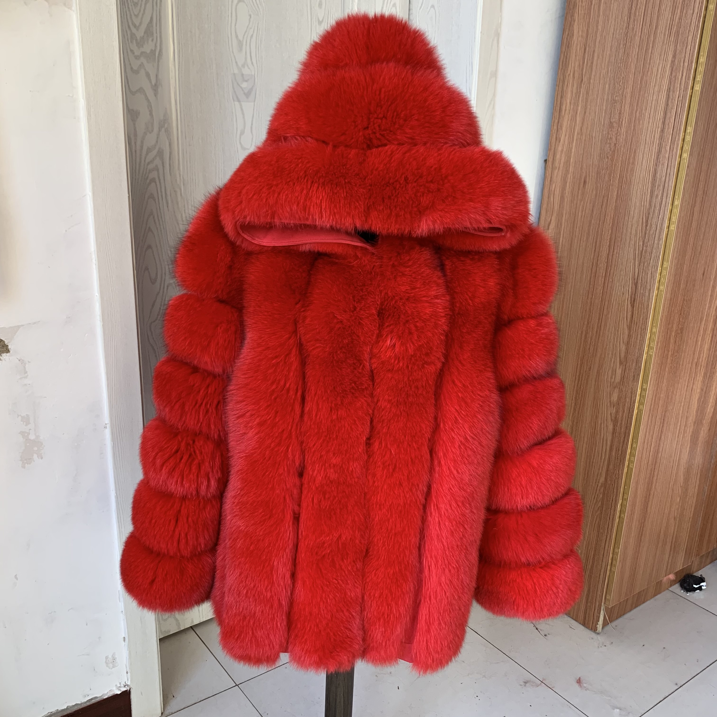 女性用フード付きトゥルーフォックスファーコート、冬の暖かいジャケット、垂直100% 天然毛皮、高品質ファッション、本物の毛皮ジャケット