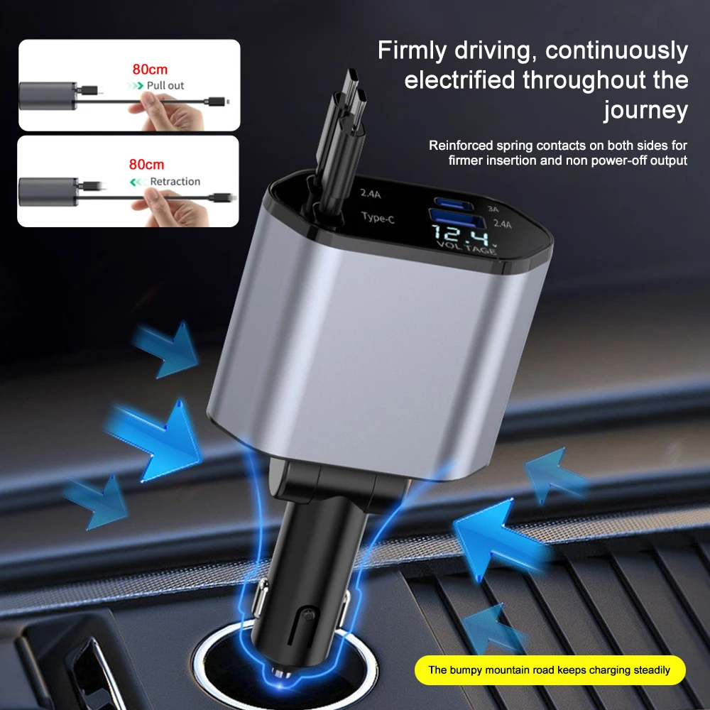 Carregador de telefone para carro 4 em 1, 120w tipo c 66w + 2,4a, cabo de carregamento com cabos retráteis com display volt para iphone, huawei, samsung
